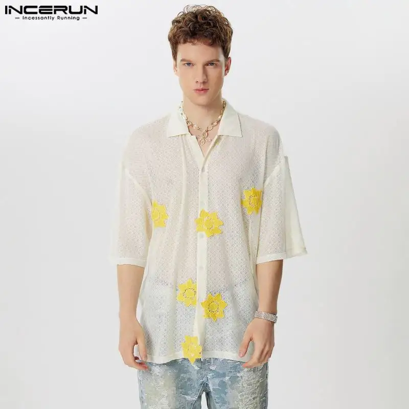 

Handsome Well Fitting Tops INCERUN Men's Perspective Flower Patchwork Shirts Leisure Streetwear Short Sleeved Lapel Blouse S-5XL