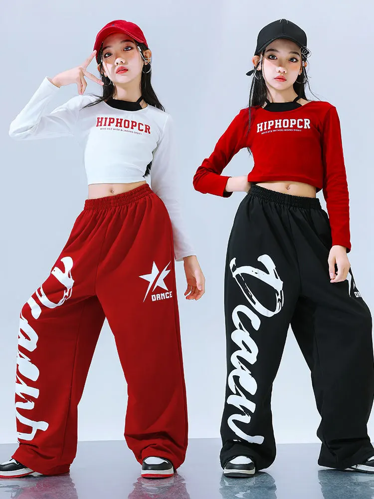 

Kid Kpop Hip Hop Clothing Red White Halter Crop Top T Shirt Black Casual Sweat Pants for Girls Jazz Dance Wear Costumes Clothes