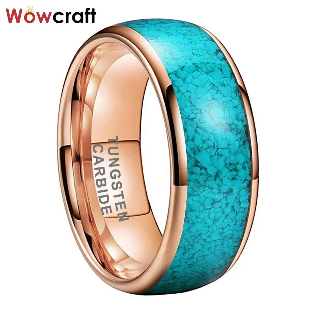 Rose Gold Tungsten Ring for Men Women Crushed Turquoise Inlay Fashion Jewelry Engagement Wedding Band