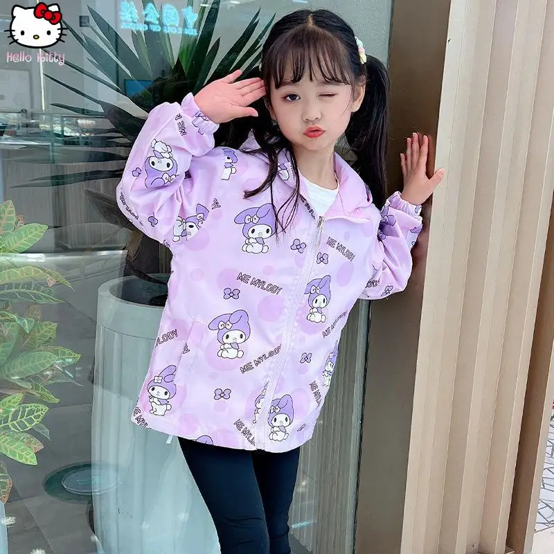 

Модная куртка Kuromi для девочек Kawaii с капюшоном, весенне-осенняя аниме, новая куртка с полным принтом из мультфильма, мягкая, приятная для кожи, милая, мягкая