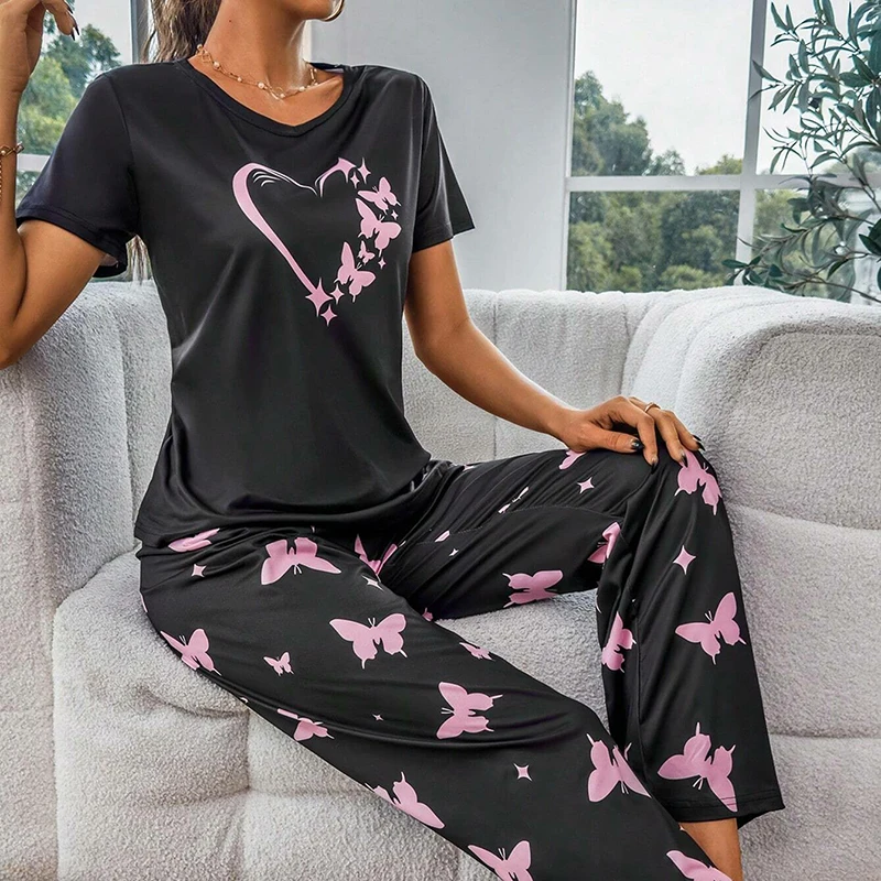 Women Butterfly & Heart Printed Pajama Set Soft Short Sleeve Crew Neck Tops & Elastic Waist Pants Sleepwear Loungewear Nightwear