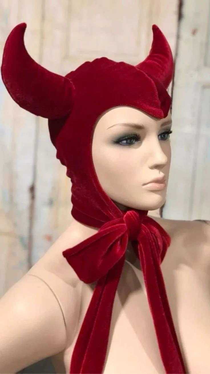 Gorro de Terciopelo Rojo/Negro Estilo Diablo Vintage para Mujer y Hombre, Tocado de Bruja Malvada con Cuernos, Gorro de Diablo, Accesorios de Halloween