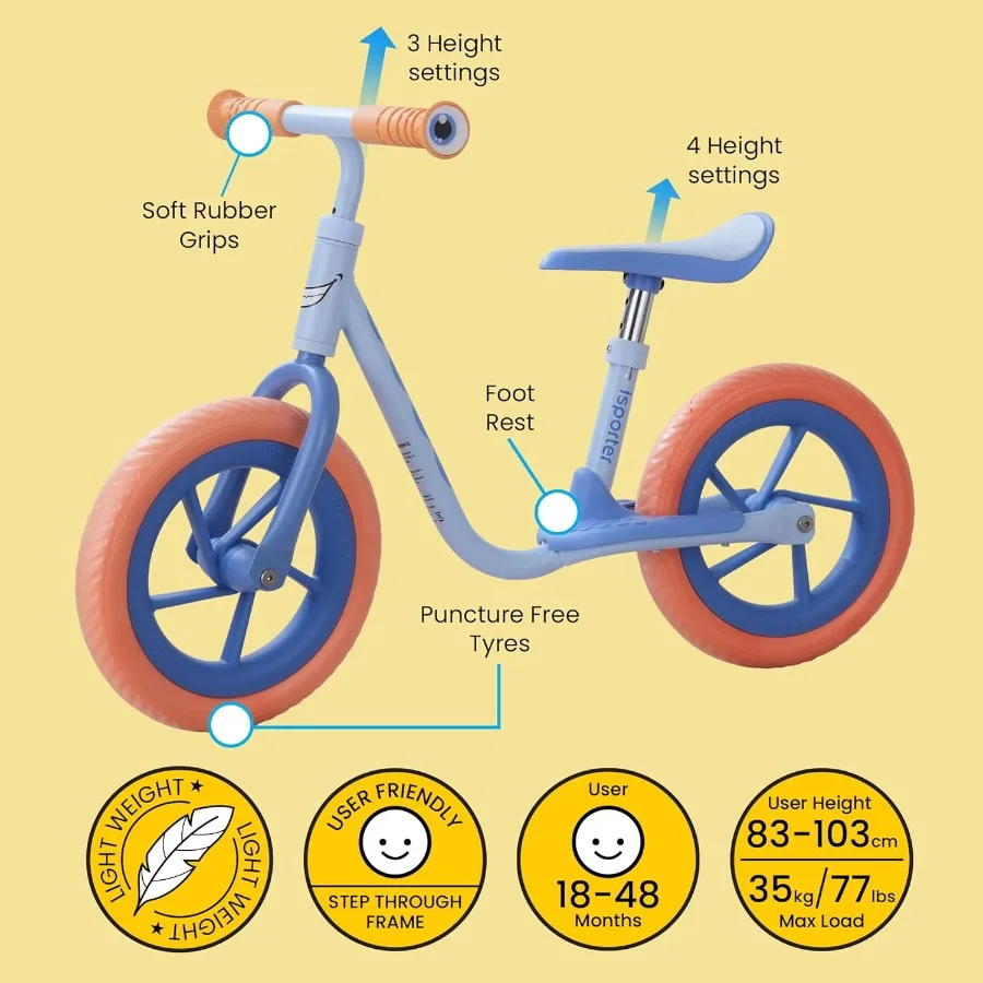 ISporter Bici da equilibrio da 10 pollici o 12 pollici per bambini di 2 anni Ragazzi Ragazze di età compresa tra 2-5 Bici da spinta regalo Nessun pedale Bicicletta da allenamento con spirito