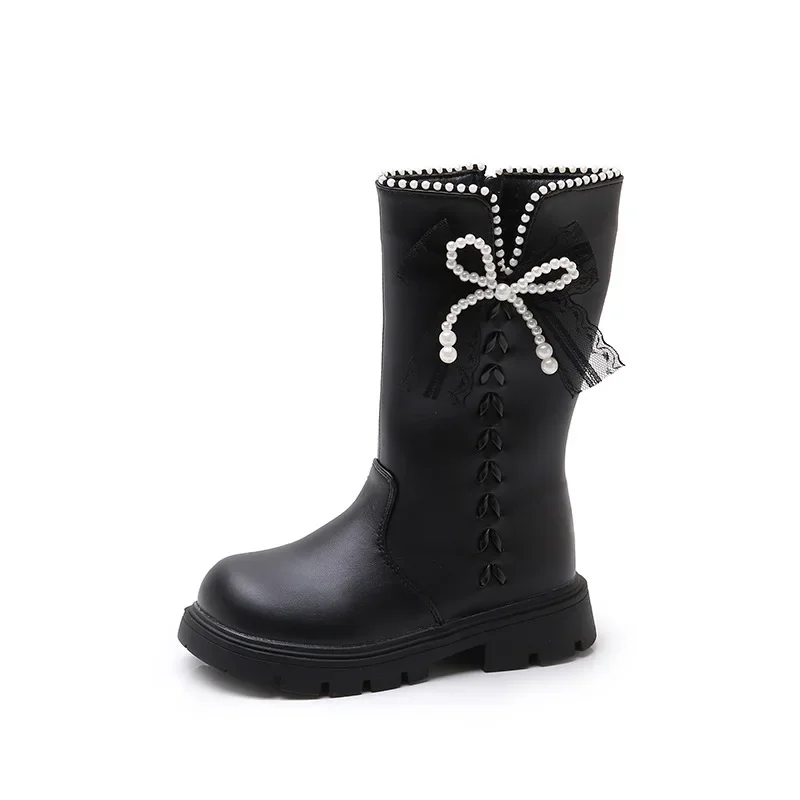 

Новинка 2024, сапоги принцессы с бантом для девочек, осенне-зимняя обувь до колена на флисовой подкладке, кожаные сапоги на молнии с мягкой подошвой для детей