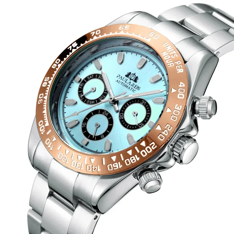 Automatic Mens Watch Self Wind Mechanical Gold Stainless Steel Glacier Ice Blue Dial Chestnut Brown Bezel Luminous Men Watches