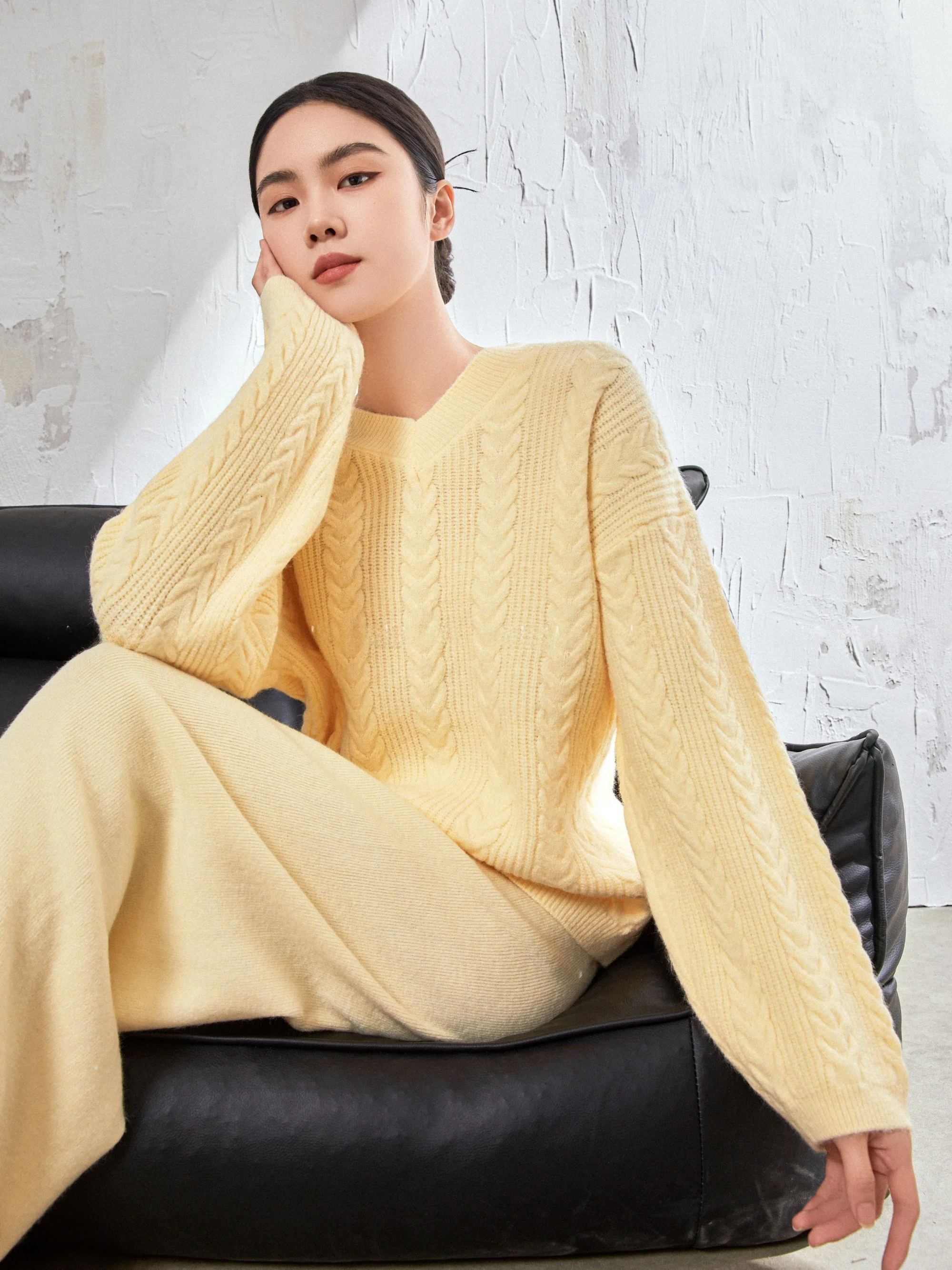 

Lulu Soft Yellow Knitted Sweater High Waist Slimming Long Pants Two Piece Set Women's Autumn Winter New Style Comfortable Cas...