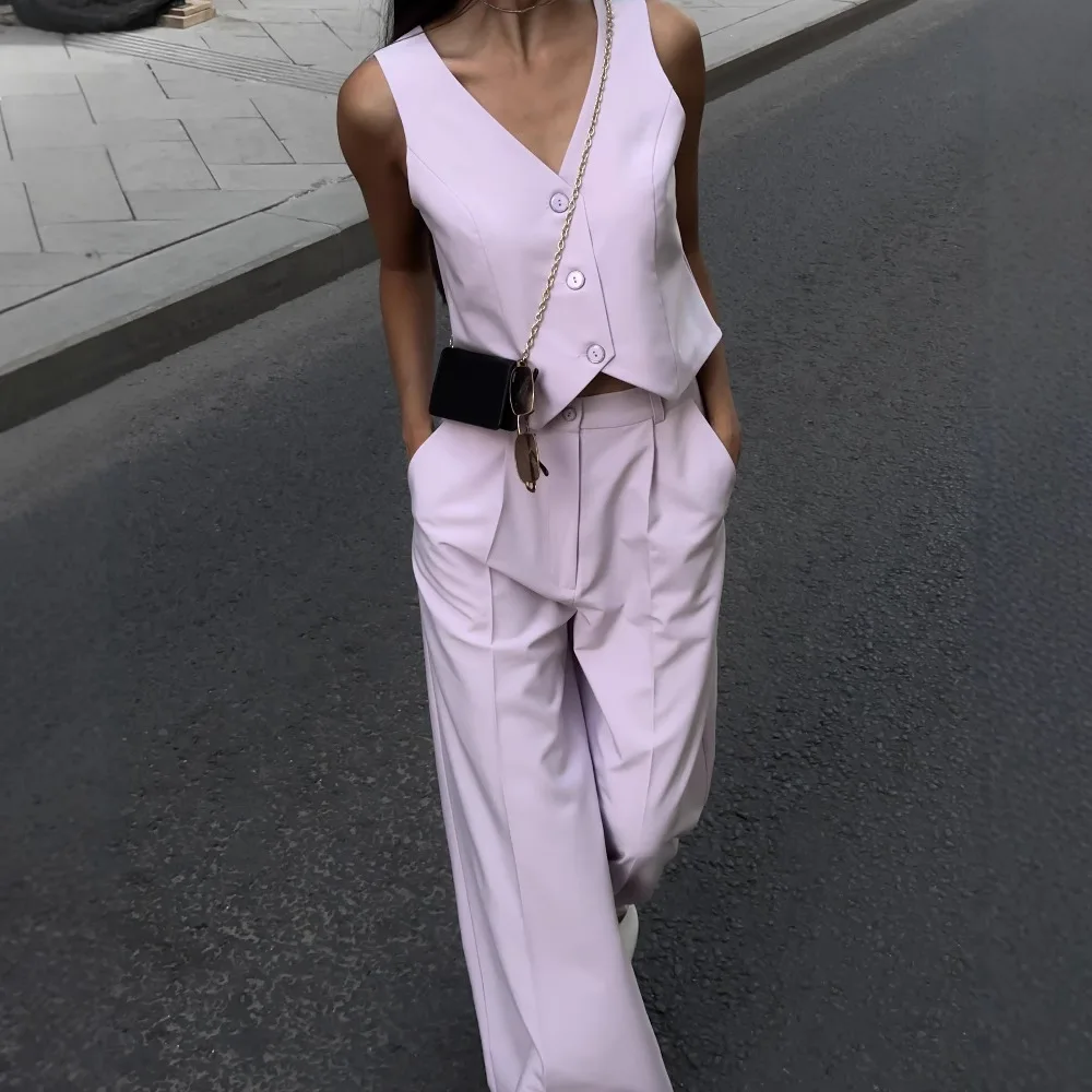 

New Elegant Commuter V-neck Button-embellished Vest Trousers Two-piece Set for Women