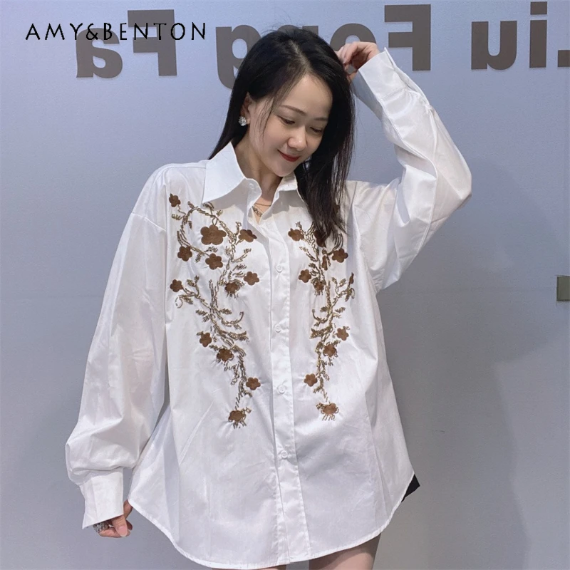 

Women's Three-dimensional Embroidery Oversized Blouse Y2k Clothes Spring Design Ladylike Charmversatile Long-sleeves Top Blusas