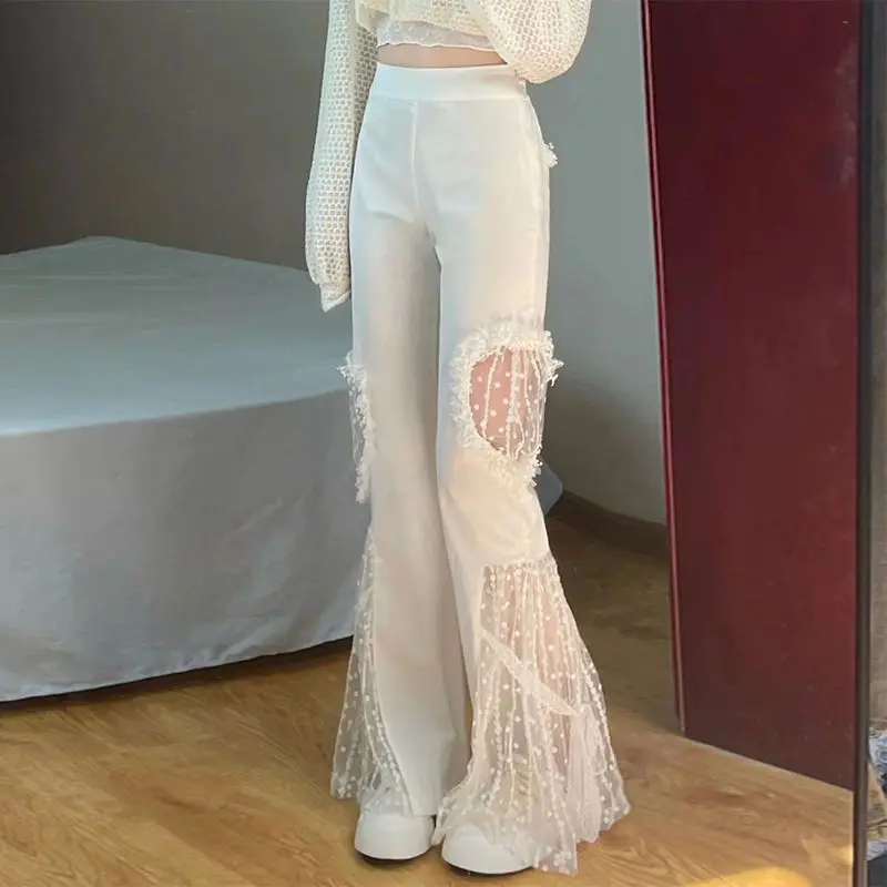 High Waisted Speaker Casual Pants for Women's Summer 2024 New Mesh Lace Hollow Wide Leg Pants