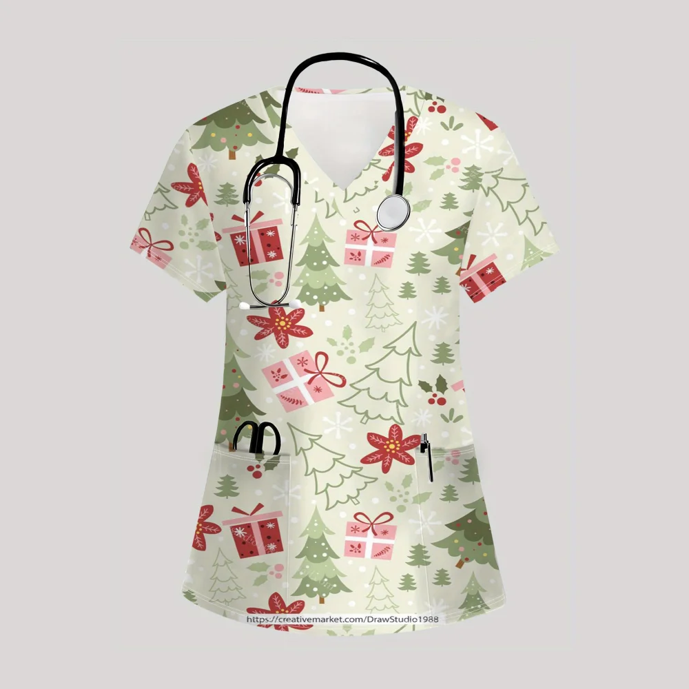 Weihnachts-Chirurgie-Uniform für Damen, T-Shirt mit V-Ausschnitt, einzigartigem Musterdruck, bequem, kurzärmelig, mit Taschen, klinische Uniformen