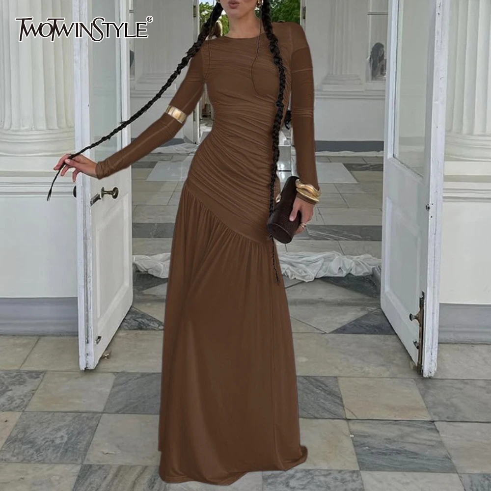 TWOTWINSTYLE Heiße Mädchen Falten Kleider für Frauen Rundhals Langarm Hohe Taille Modische Temperament Schlank Sheer Kleid Weibliche