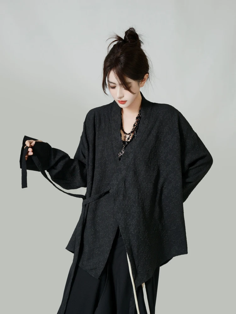 Retro Dark Chinese Style Shirt Long Sleeve Loose Men's Floral Embroidery Kimono Outerwear V-Neck Polyester Fiber Sweat-Wicking