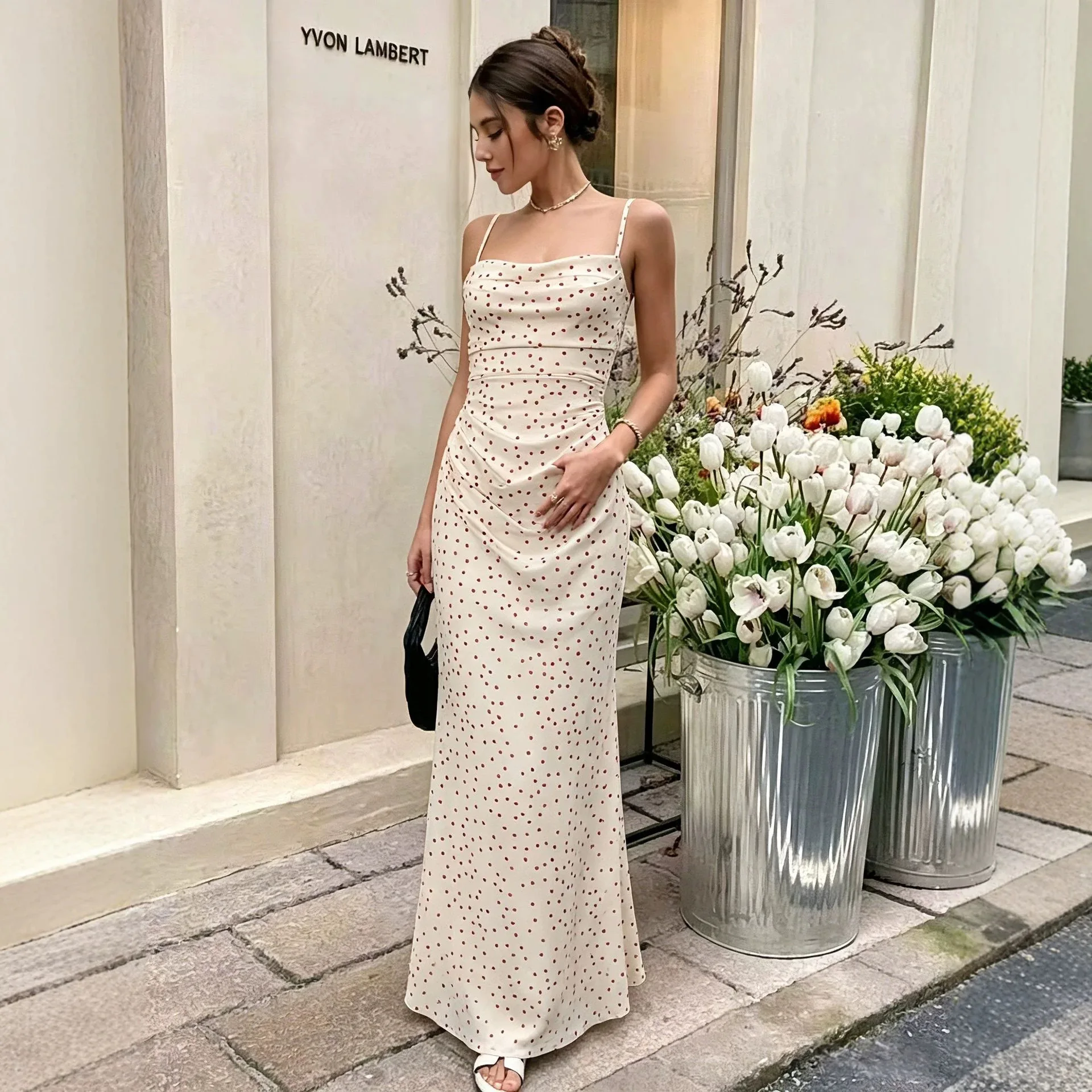 Boho Polka Dot Maxi Dress Women Spaghetti Strap Cowl Neck Ruched Bodycon Long Dress Summer Beach Vacation Party Sundress