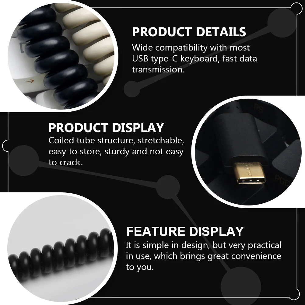 

Coiled USB Type-C Keyboard Cable Stretchable Durable Fast Transmission Sturdy Connection Easy Storage