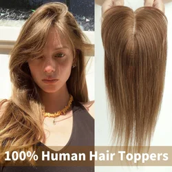 Remy Human Hair Toppers Brown Straight Silk Base Clip in Hair Extension with Bangs Human Hair Topper for Women Daily Use 14 inch