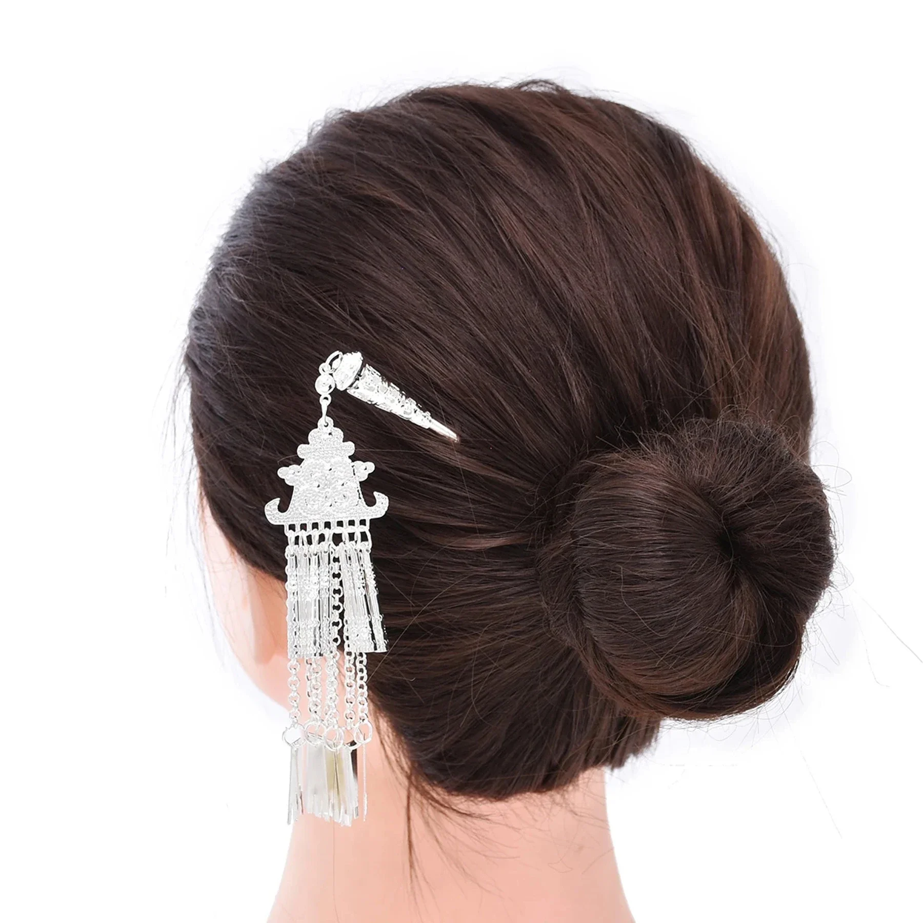 Silver Plated Sword Pendant Long Chains Tassel Hairpin Hair Accessories Chinese Miao Retro Palace Hair Fork Hair Jewelry