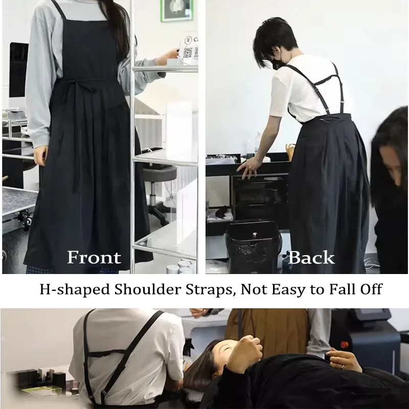 2024 Summer Long Pleated Waterproof Apron with Pockets Women Widened Painting Cooking Pinafore Nail Waiter Beauty Kitchen Apron