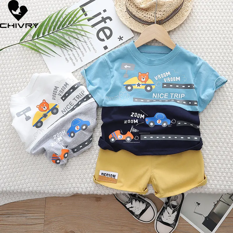 Boys Summer Clothing New 2023 Baby Boy Short Sleeve O-neck Cartoon Patchwork Color T-shirt Tops with Shorts Kids Clothes Sets