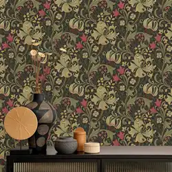 Golden Lily Wallpaper In Dark, Vintage Floral Wall Paper With Handdrawn Green Leaf Designs for Home Decoration / Room Decoration