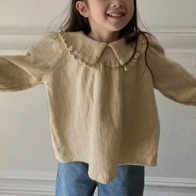 Blouses Autumn Winter New Sweet Lovely Flip Collar Lotus Leaf Doll Shirt Girl Double Gauze Solid Color Tops Baby 2024