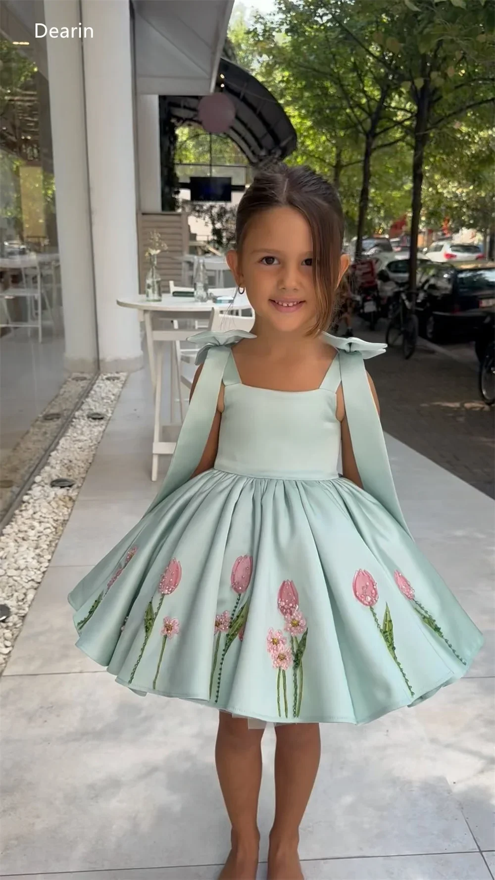 Customized Flower Girl Dress Evening Dress Dearin Spaghetti Strap Ball Gown Knee Length Draped Print Bows Flower Girl Dresses Sa