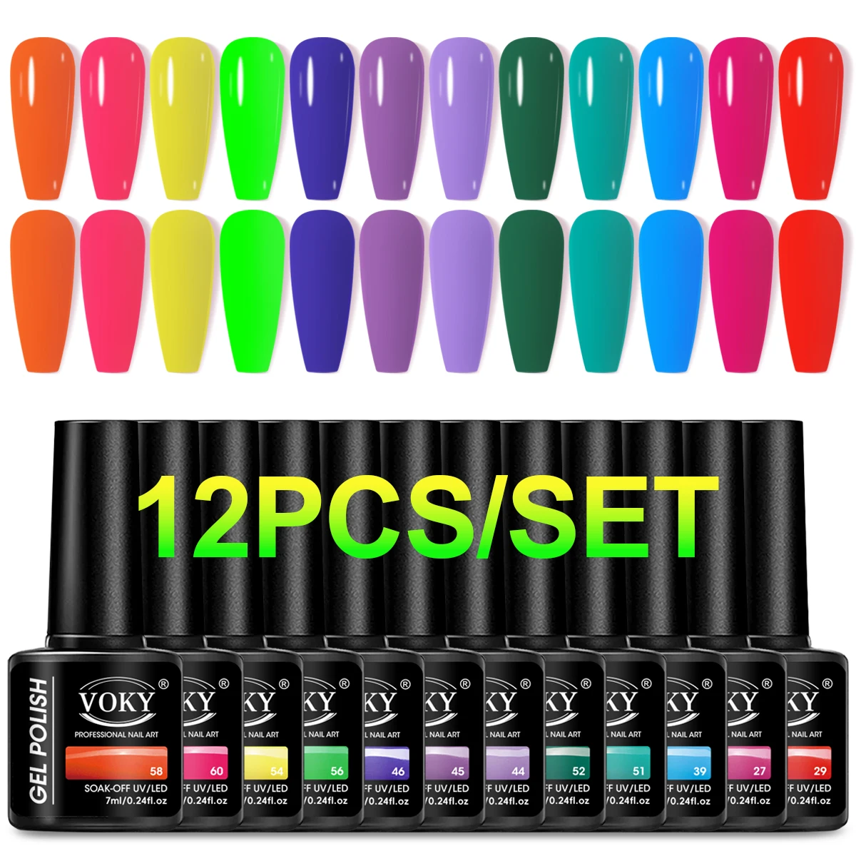 

VOKY 12 PCS Pure Color Gel Nails Paints - Long-lasting glossy finish without yellowing, ideal for healthy nail care.