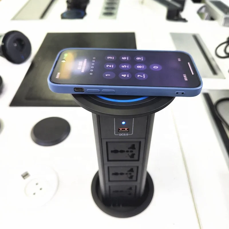 100mm Smart Home Office Universal Power Outlet Motorized Kitchen Worktop Electric Lifting Tower Socket With USB-C Port