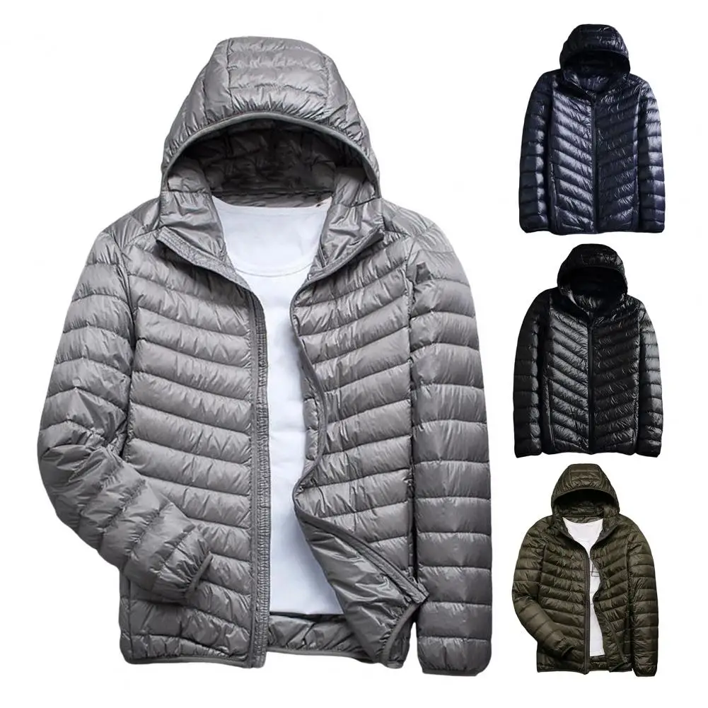 Men Hooded Down Coat Men's Cotton Hooded Down Coat With Side Pockets Long Sleeve Winter Outwear With Full Zipper Closure Thin