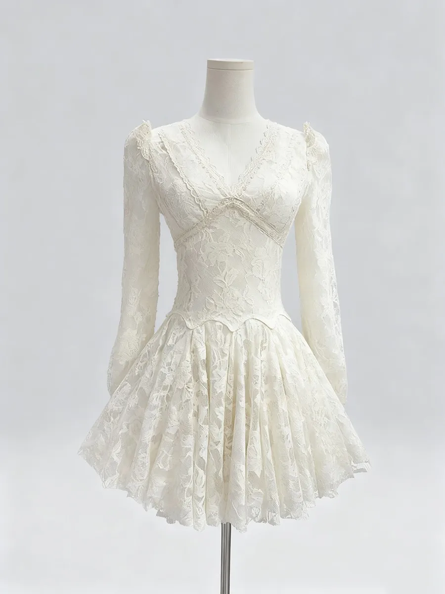 TWOTWINSTYLE 우아한 슬림핏 레이스 미니 드레스 여성용 브이넥 긴 소매 하이웨이스트 패치워크 러플 드레스