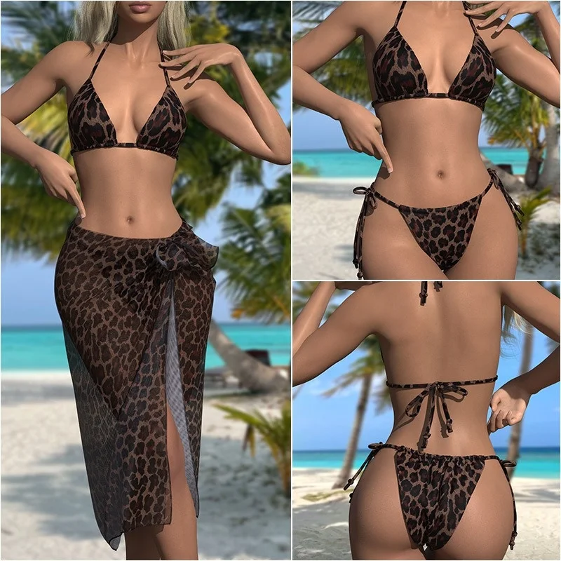 

Женские бикини с леопардовым принтом, винтажный модный сексуальный треугольный бандажный комплект бикини, новинка 2025 года, купальный костюм, женский купальный костюм