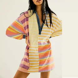 Casual High Street Button Short Dresses Vintage Striped Printed Summer Dress New Women's Lapel Half Sleeved Loose Dress Vestidos