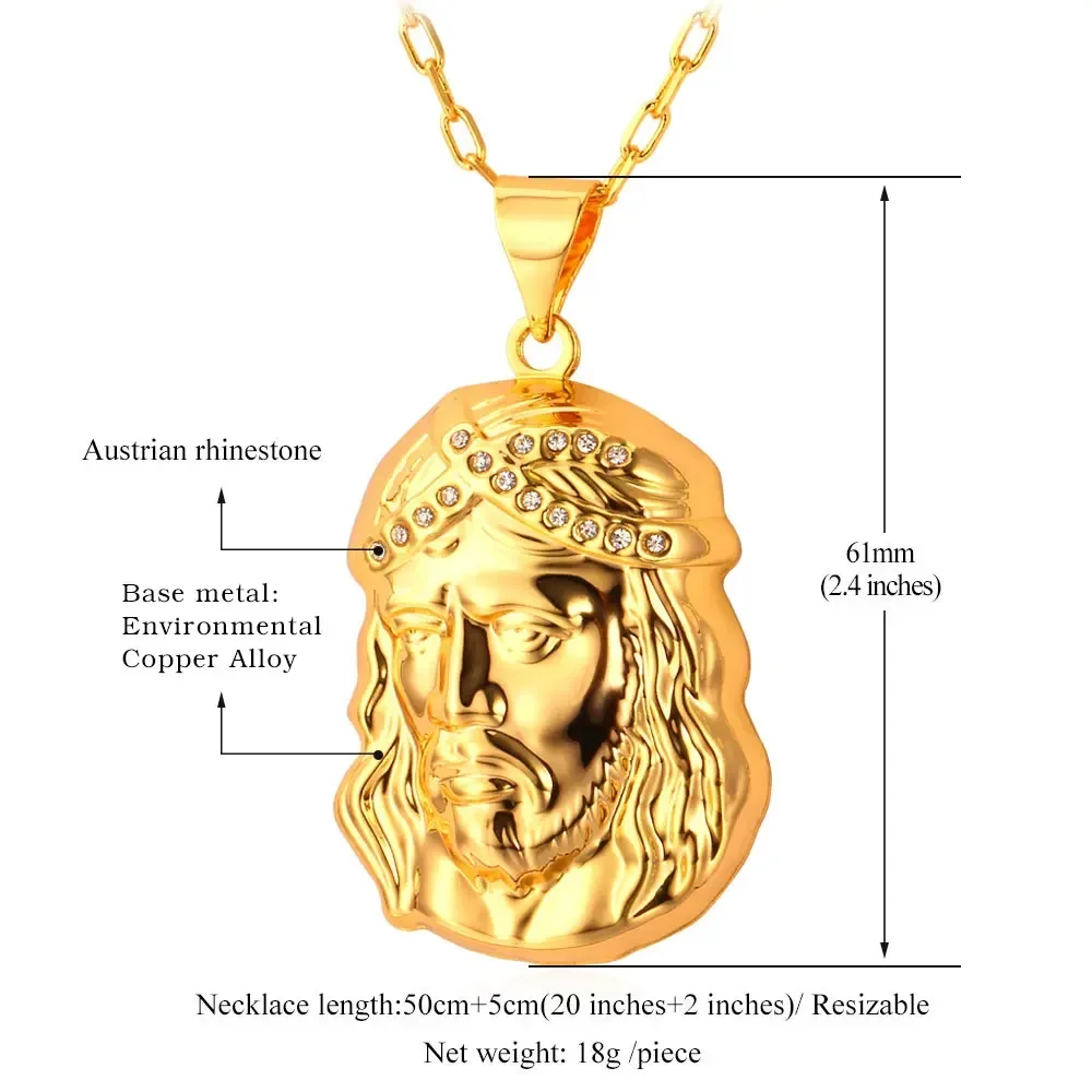 U7 Cristo Redentor Necklaces Silver/Gold Color Jesus Head Figure Pendant with 20inches Rolo Chain Unisex Jewelry Gift P545