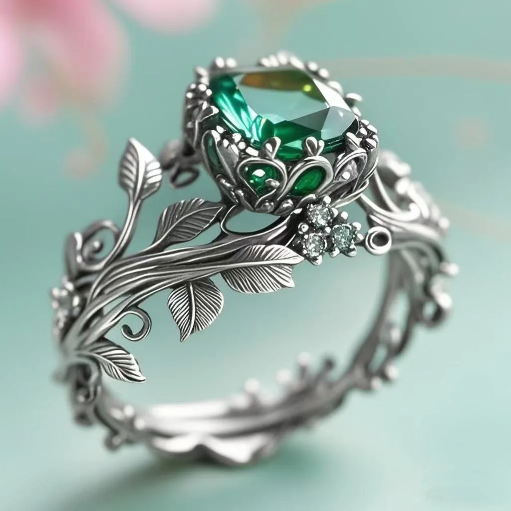 

Vintage Green Ring with Leaf Vine Design Large Square Crystals Unique Gothic Botanical Halloween Party Jewelry for Women