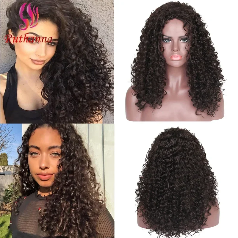 250% Density Afro Kinky Short Curly Synthetic Wig For Women Middle Part Fluffy Water Wave 18 Inch Natural Black Curly Wig