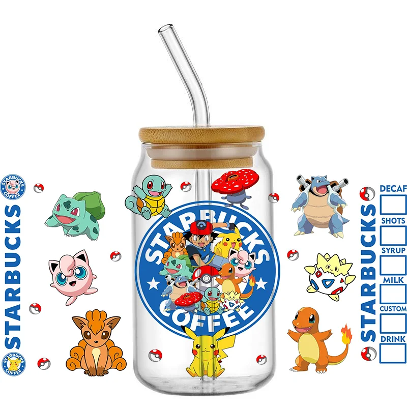 Funko Bestseller Niedliche Pokemon Beliebte 16oz UV DTF 3D Transfer Cartoon Aufkleber Folienaufkleber für Glas Dosen Becher Basteln DIY Kreativ