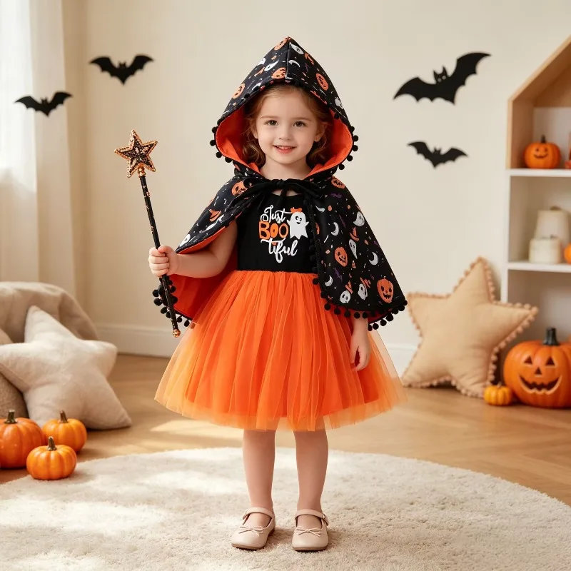 Toddler Baby Girls Halloween Witch Costume Set Black Top Orange Tutu Skirt With Hooded Cape And Wand Party Outfit 0 36M