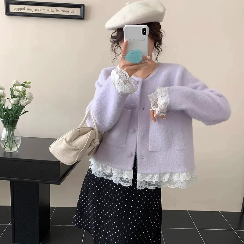 

Women Sweet Crop Coats French Fashion Lace Patchwork O Neck Button Purple Outwear Fall Winter Small Fragrance Cute Elegant Tops