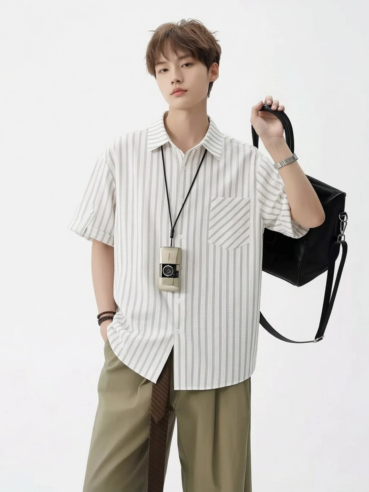 

Summer Men's Striped Bubble Short Sleeve Shirt Casual Loose Fit Breathable Skin-Friendly Regular Collar Open Cardigan
