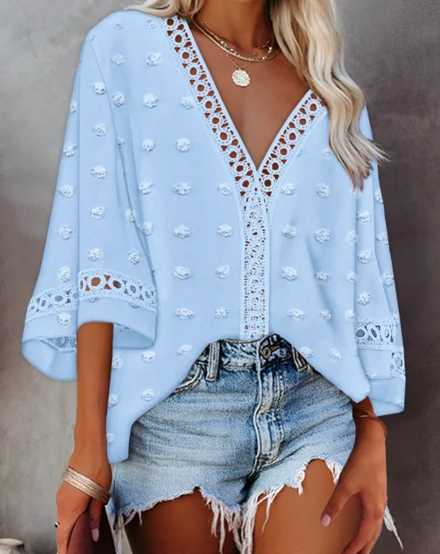 

Sexy Elegant New Fashion 2025 Spring and Summer Temperament Solid Color V-Neck Hollow Lace Lace Blouse Women's Clothing