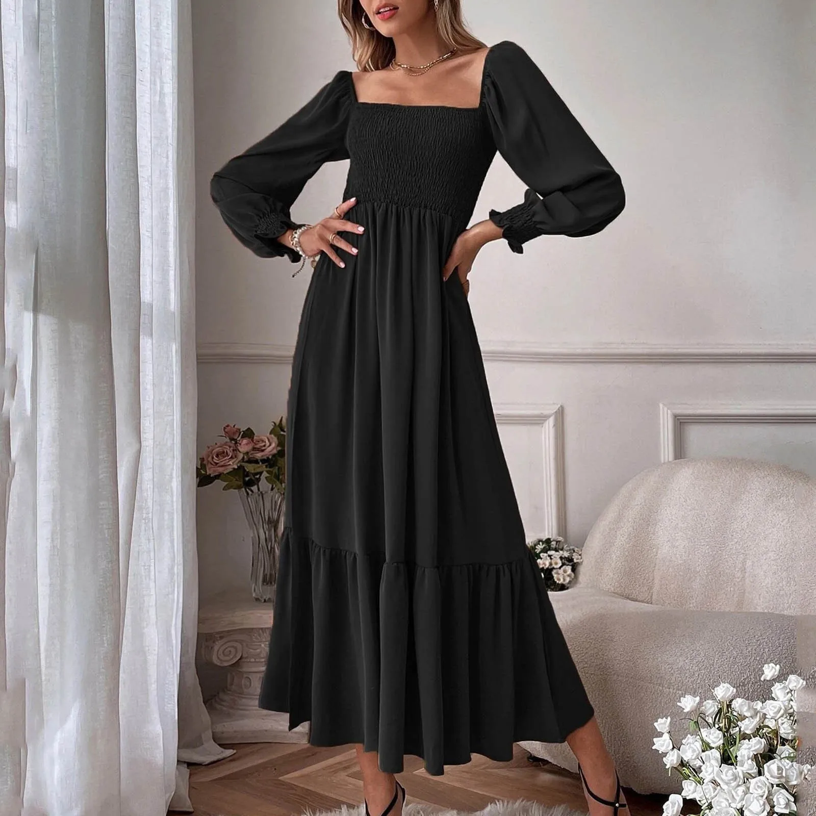 Robe maxi à manches longues pour femmes, col carré, smockée, à plusieurs niveaux, ligne A, longue fluide, robes monochromes pour dames, décontracté, printemps, automne