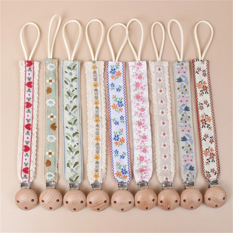 Embroidery Lace Baby Pacifier Clips New Floral Newborn Anti-drop Pacifier Clip Chain Dummy Nipple Holder Pacifier Soother Clips