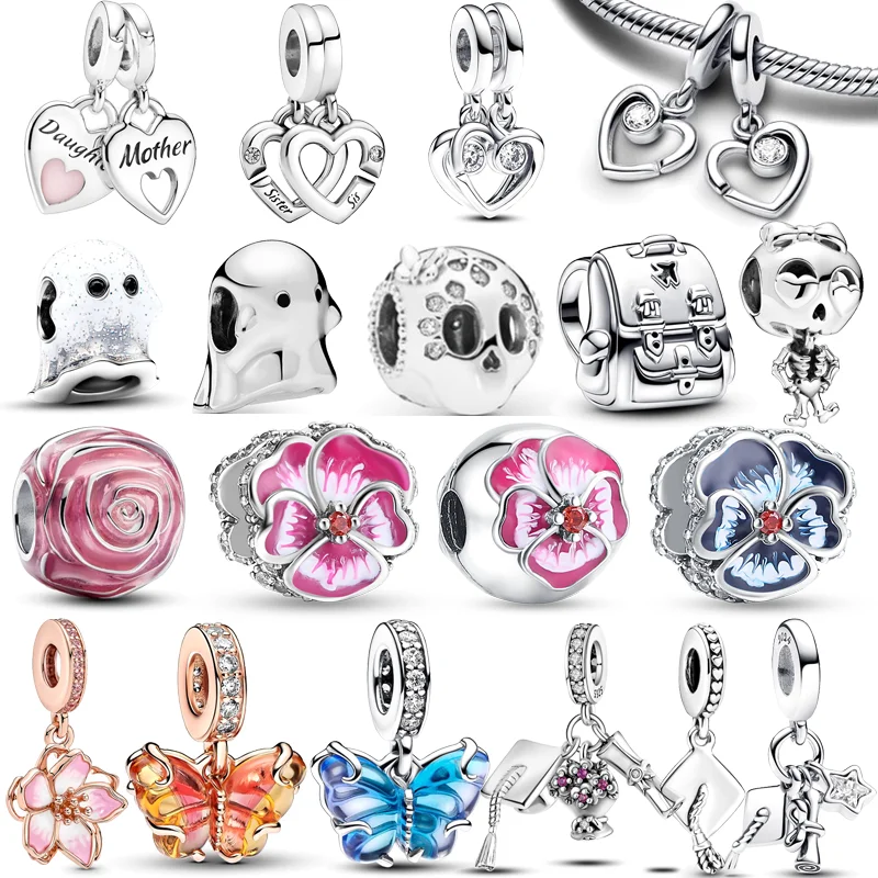 Fit Original Pantaro Bracelet New 925 Silver Glow-in-the-dark Boo Ghost Splittable Heart Pink Rose Graduation Dangle Charm Beads