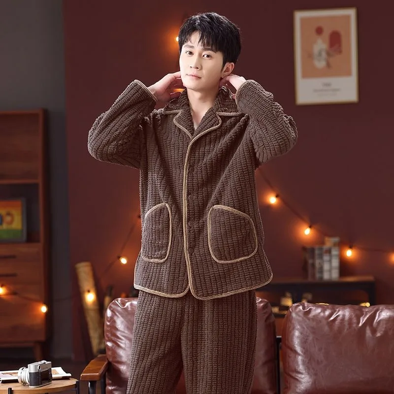 

Coral Fleece Pajamas Male Wintertime Add Fleece To Thicken Flannel Men's Winter Style Can Be Worn Outside Loungewear Set