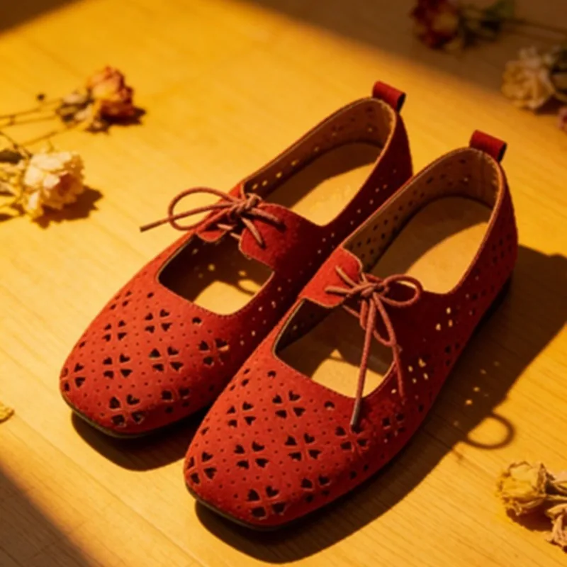 

Cutout Breathable Soft Sole Non-slip Single Shoes Fashion Square Toe Shallow Mouth Lace-up Lightweight Flats