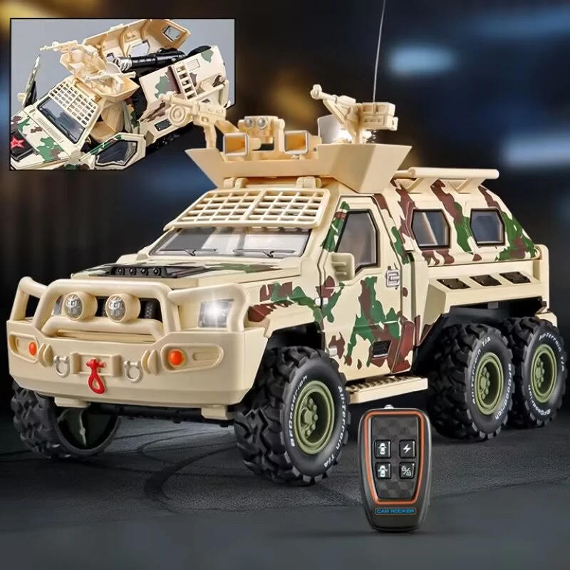 1:24 Key Remote Control Version Alloy Military Armored Car Metal Missile Off-road Vehicle Explosion Proof Car Model Kid Toy Gift