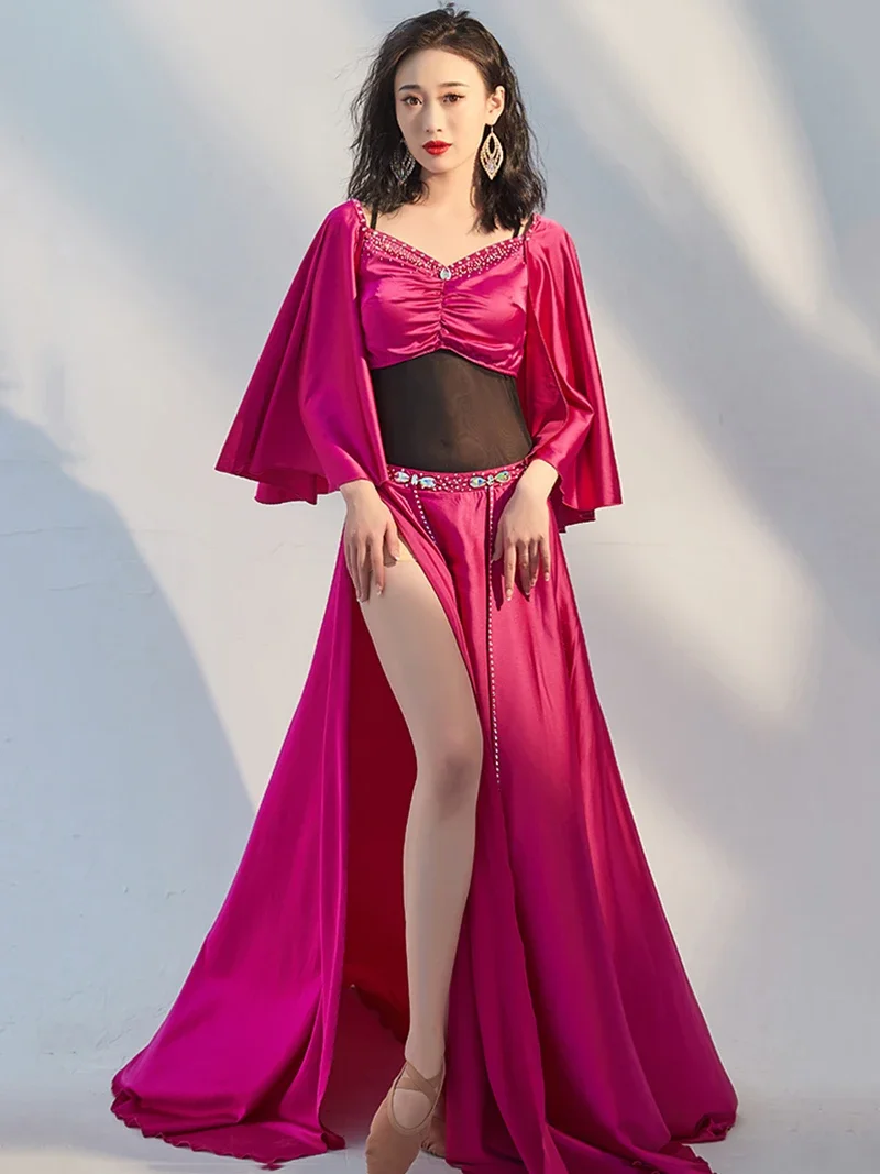 

Women Belly Dancewear Bellydance Practice Costume Mesh Flare Sleeve Top Slit Skirt Sets Performance Dance Costume