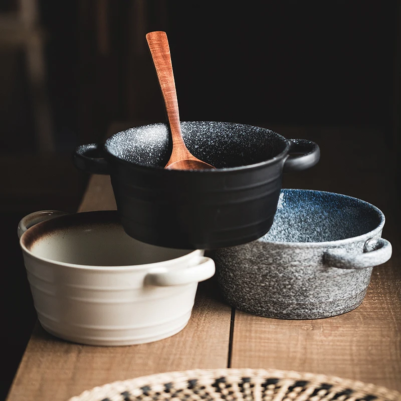 Double-ear Soup Bowl Large Ceramic Soup Pot for Home Use Japanese-style Large Bowl for Instant Noodles