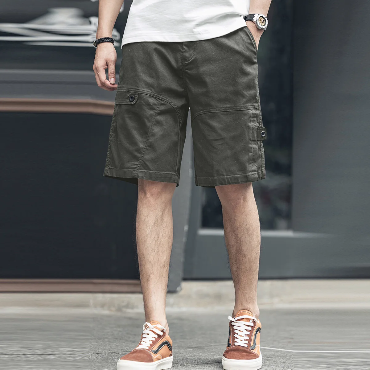 

American Style Heavyweight Washed Vintage Workwear Shorts Summer Thin Loose Military Green Casual Men's Five-Quarter Pants