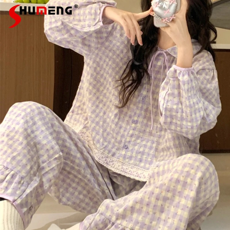 All Cotton Plaid Pajamas for Women Spring Autumn Sweet Purple Sleep Wear Female Floral Palace Style Long Sleeve Homewear Set