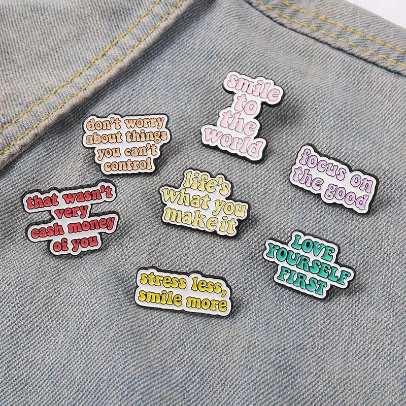 Inspirational Pin Lapel Pins Badges Inspired Jewelry for Women Men Gifts Life Quotes Enamel  Brooch Don't worry Smile to World